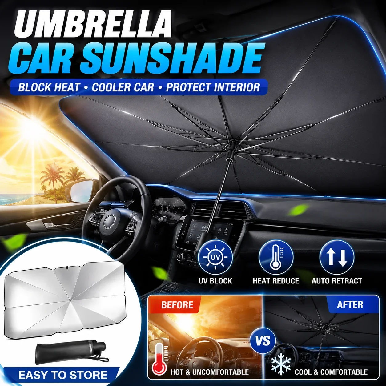 ร่มบังแดดรถยนต์แบบพับได้ สำหรั - Car Sunshade Windshield Umbrella Foldable บทวิจารณ์และราคา